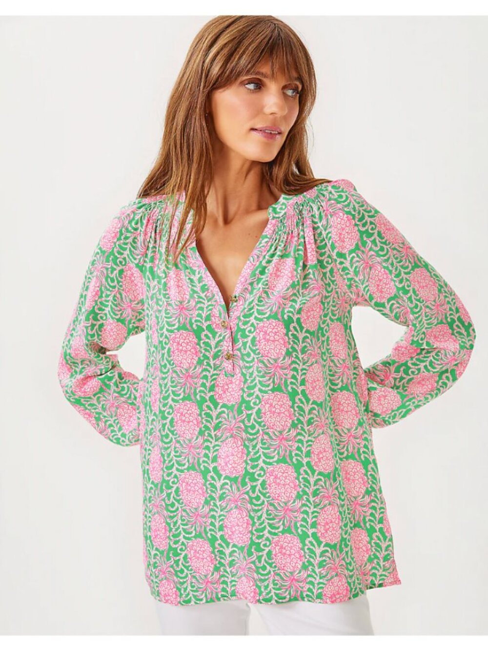 NWT Lilly Pulitzer Elsa Silk Top, Fauna Green Party Like A Pineapple, Medium